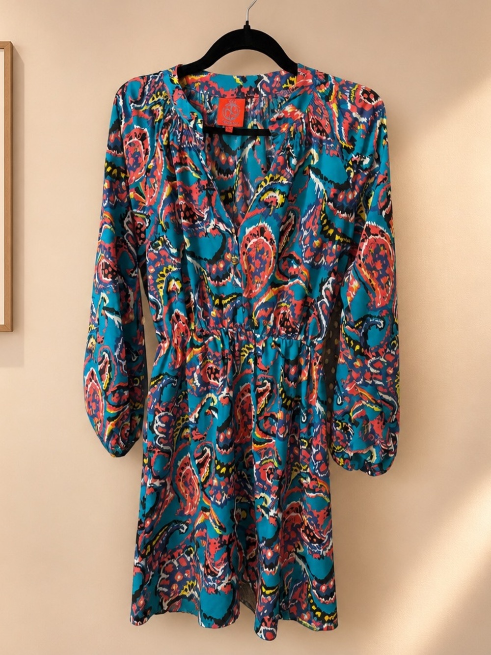 Tracy Negoshian Teal Paisley Long Sleeve V-Neck Dress